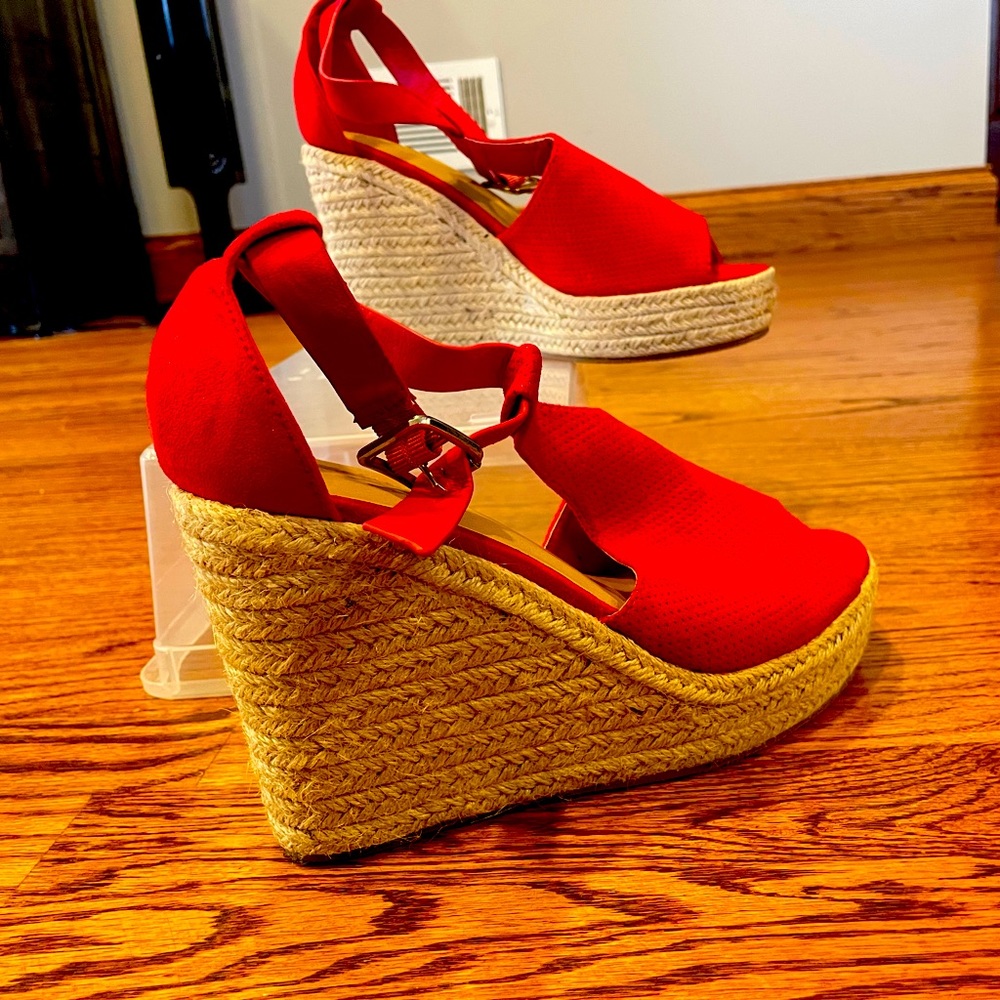 Size 10, Red heeled wedge sandals